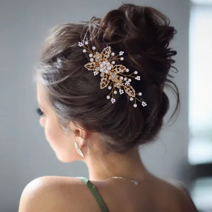 Bridal Crystal Pearl Gold Leaf Princess Headband Crown