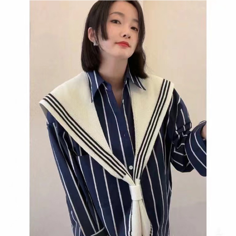 women's navy striped shirt shawl top