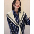 women's navy striped shirt shawl top