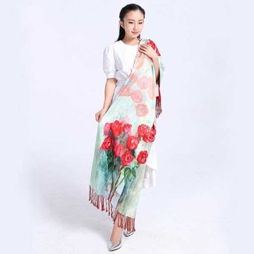 wholesales printed 50*185cm luxury red rose double side 100% silk scarf for women