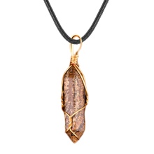 Picture Jasper Hexagonal Pointed( 8x32mm) Pendant Wrapped Gold Wire Necklace 45cm Black Cord