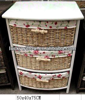 lovery handmade wicker &wood drawer cabinet /wicker or willow storage cabinet with 3 basket(manufacture)