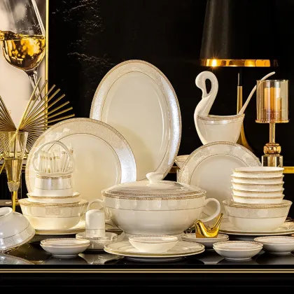 58-Piece Luxury Golden Bone China Tableware Set - Eco-Friendly and Sustainable Royal Porcelain Plates