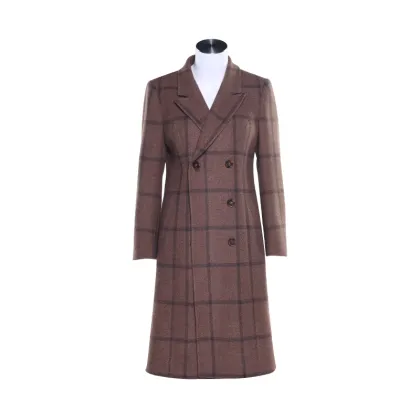 classic double breasted plaid long coat High level Lapel Fashion women long coat wool trench coat