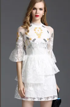 Pretty Steps 2016 sexy elegant high quality high neck dress elegant ladies casual half sleeve organza embroidered autumn dress