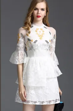 Pretty Steps 2016 sexy elegant high quality high neck dress elegant ladies casual half sleeve organza embroidered autumn dress