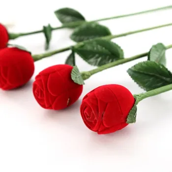 Lowest price customized red rose flower shape flocking velvet fabric ring box for jewelry diamond ring boxes