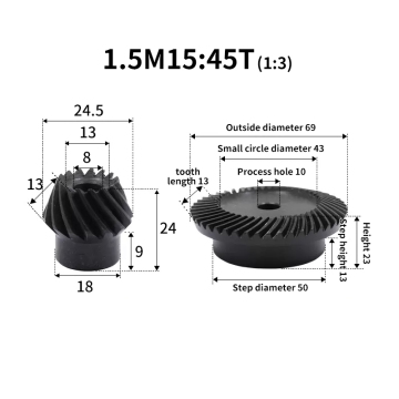 1.5Module 15 Teeth to 45 Teeth 1:3 Speed Ratio Precision Spiral Bevel Gear 45 Steel Hardened 90 Degree Pinion