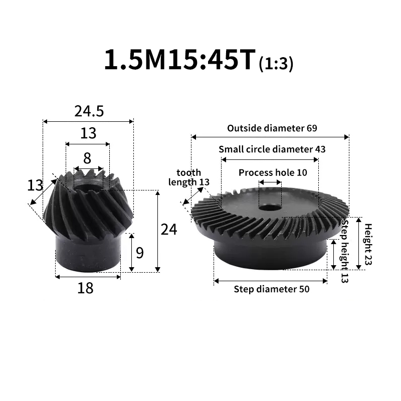 1.5Module 15 Teeth to 45 Teeth 1:3 Speed Ratio Precision Spiral Bevel Gear 45 Steel Hardened 90 Degree Pinion
