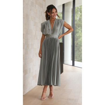 Short sleeve puff sleeve long flowing dress