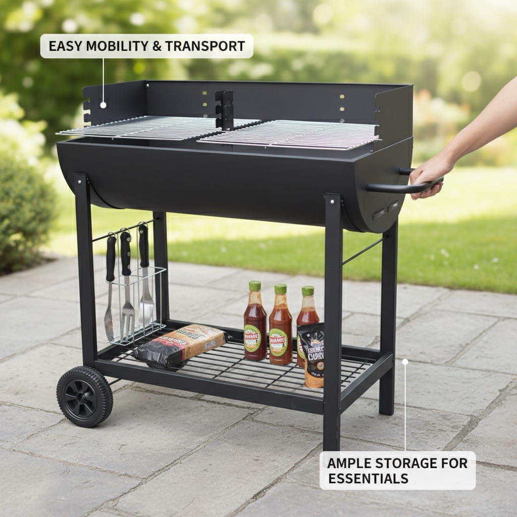 Half-barrel steel barbecue grill