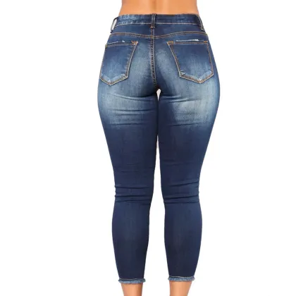 Women's Ripped Skinny High Waist Trousers - Spring Autumn Casual Denim Jeans