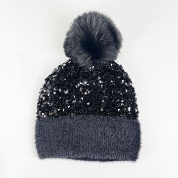 Hot Selling Women's Fall Winter Solid Color Sequined Plush Knit Hat with Removable Pompom