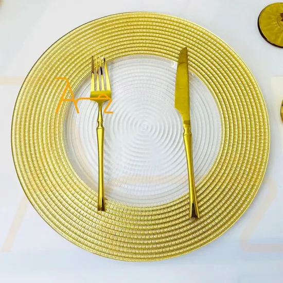 13 Inch Luxury Clear Glass Dinner Plates with Golden Rim for Wedding and Party Event Decorations - Wholesale Charger Plates