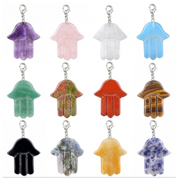 Natural Stone Pendant Fatima Hand Bag Tags Gemstone Pendant Handmade Carved Hamsa Hand Charms Tag Charms with Lobster Clasp