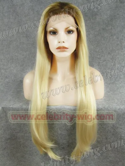 Dark Roots Blonde Extra Long Straight Synthetic Lace Front Wig