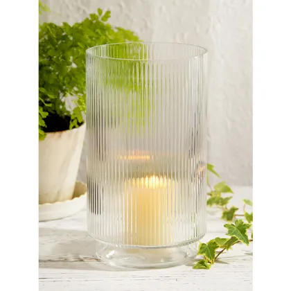 Ribbed Smokey grey Glass Vase candle holder