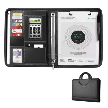 Luxury Artist Leather Zipper Calculator Portfolio with 3 Ring Binder