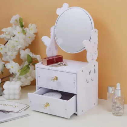 Cute Multi-functional Jewelry Makeup Mirror Storage Box for Desktop