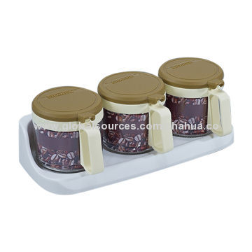 Glass Condiment Set, 300mL x 3 Bottles, Made of Soda Lime Glass and PP, 3 Bottles and Spoons