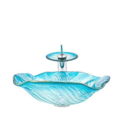 Sky Blue Crystal Tempered Glass Washbasin for Art Hotel Bathroom
