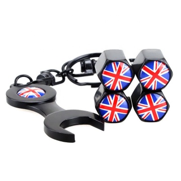 Black Tire Valve Stem Caps with Spanner Wrench and Custom Logo Keychain