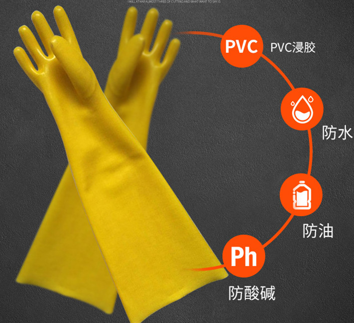 Yellow PVC gloves sandy finish cotton linning 60cm