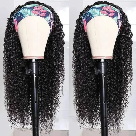 Wholesale Black 20 Inch Body Wave Cheap Women's Raw Brazillian Real Human Hair Half Wigs With Ice Silk Headband Clipin Curly