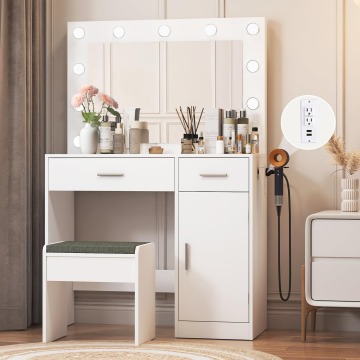 Nordic White Wood Makeup Vanity Desk with Large Drawer and Power Socket