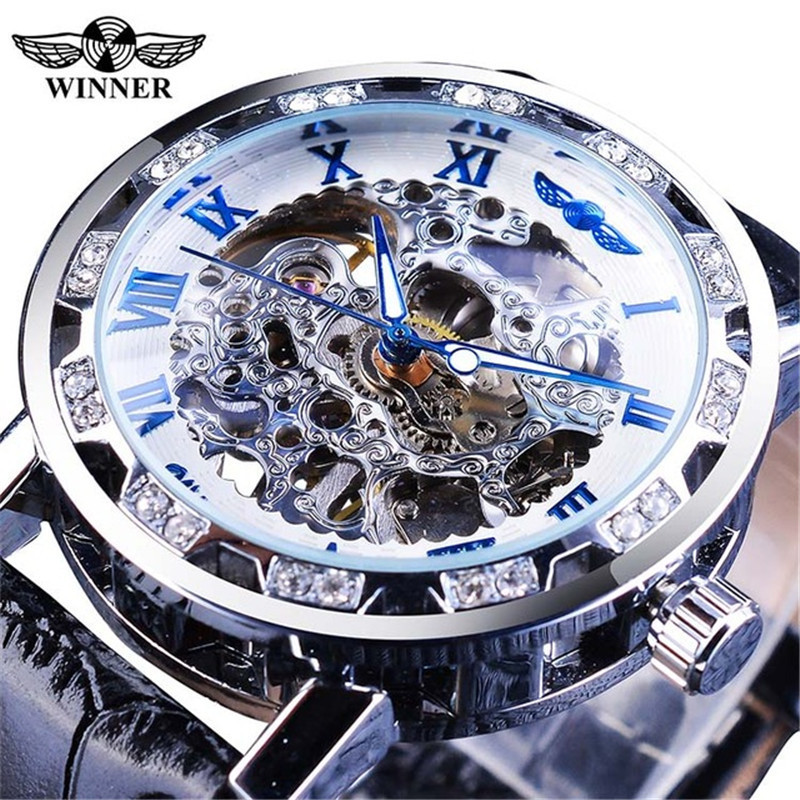 Classic Rhinestone Roman Analog Skeleton Mechanical Watch with Leather Band and