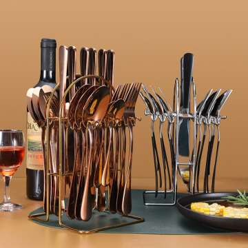 24-Piece Black Stainless Steel and Gold Cutlery Set with Spoons, Forks, and Knives