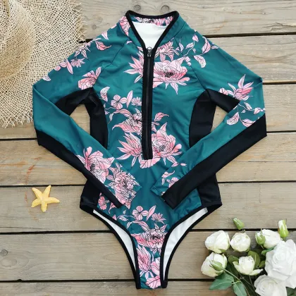 Women's High Cut Zipper Swimsuit - Floral Printed Slim Fit Surfwear