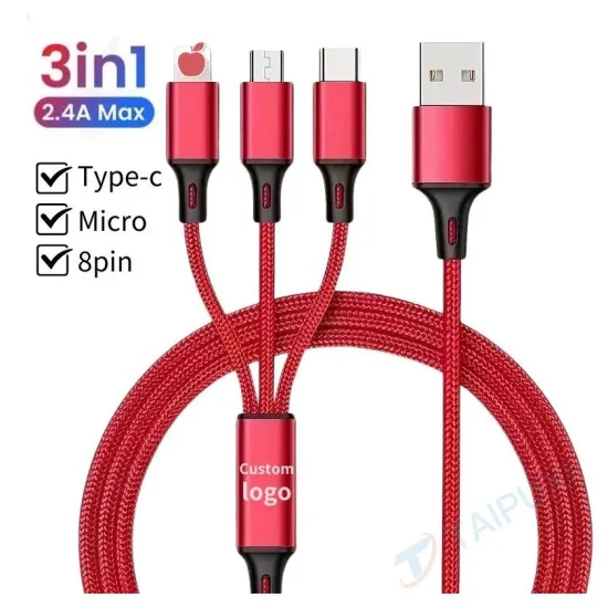 Taipuxi 1.2m Nylon Braided 3-in-1 Charging & Data USB Cable: Customized Multi-Function Accessory for Sale