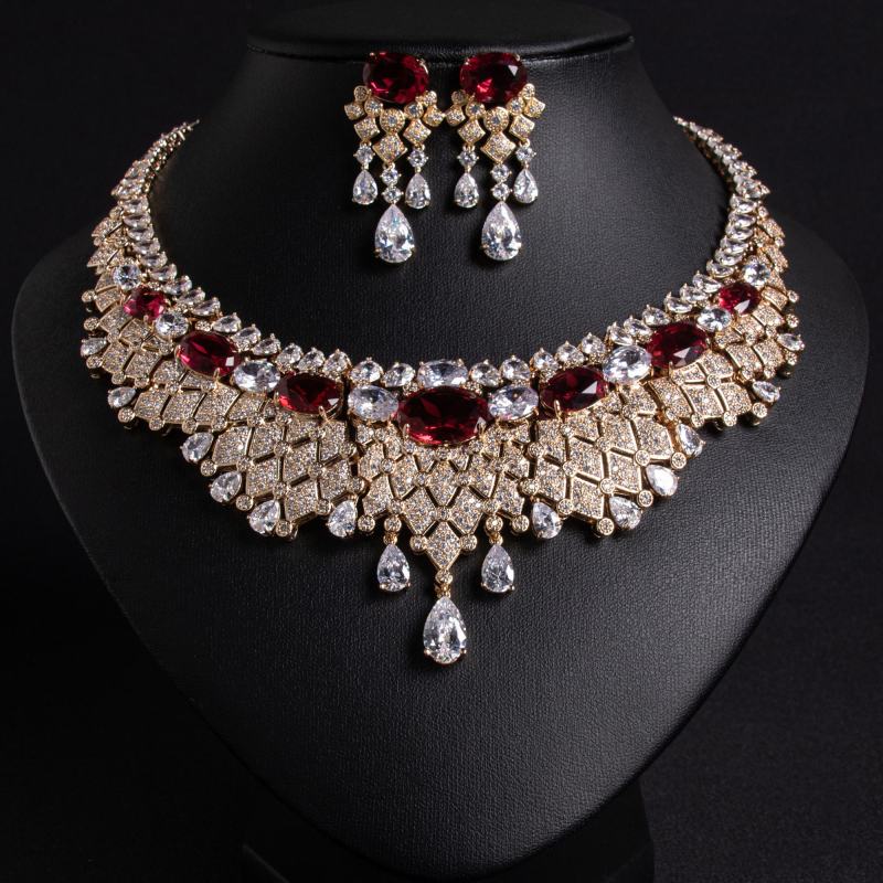 Oval Teardrop Fringe Collar CZ Bridal Necklace Earring Set