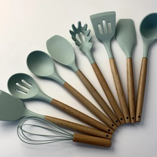 Green Wood Handle Silicone Kitchenware Set: 11-Piece Non-Stick Pot and Storage Bucket Set