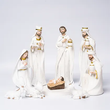 Handcrafted Home Christmas Manger Set: Statue of Jesus, St. Joseph, and Church Decorations in Resin Material
