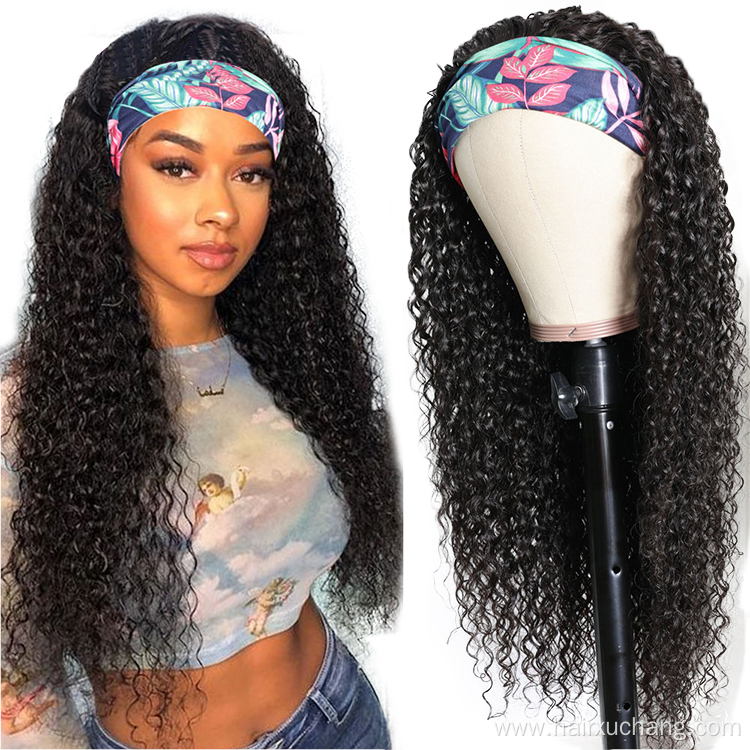 Full Cuticle Curly Headband Wigs Human Hair GlueLess None Lace 10A Virgin Peruvian Head Band Human Hair Wigs