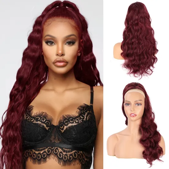 Vigorous 24 inch Body Wave Ponytail Extension Drawstring Heat Resistant Curly Wavy Synthetic Ponytail Hairpiece for Women Red