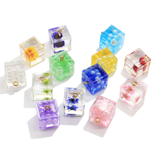 Wholesale 14mm Cube Resin Transparent Beads Flowers Pearl Filling Charms for Earring Pendants Jewelry Ornament Keychain Decor