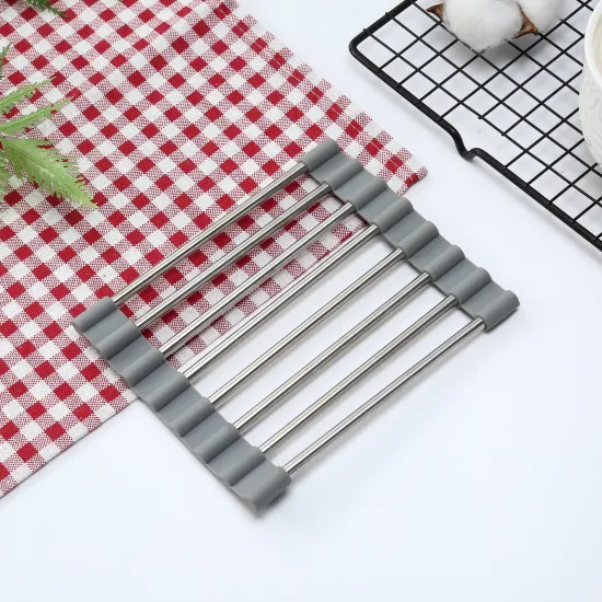 Stainless Steel Folding Drain Rack with Silicone Roller for Sink Bowl and Utensil Storage