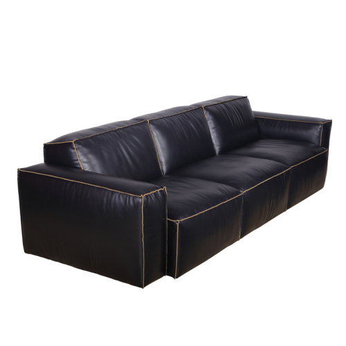 Gaya Retro Black Leather Italian Big Size Sofa