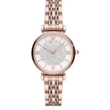Reloj de cuarzo para mujer de acero inoxidable chapado en oro rosa con IP, esfera de cristal pavimentada central blanca mate de 32 mm, números romanos con múltiples enlaces