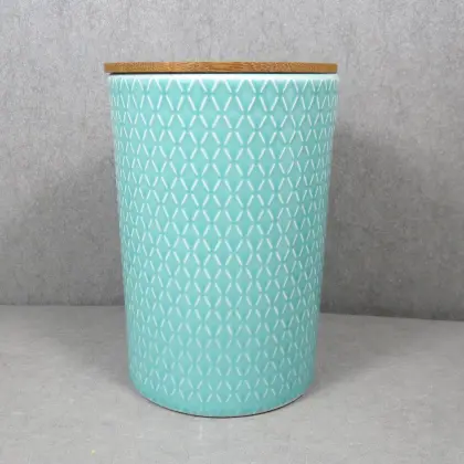 Embossed Ceramic Storage Jar With Bamboo Lid