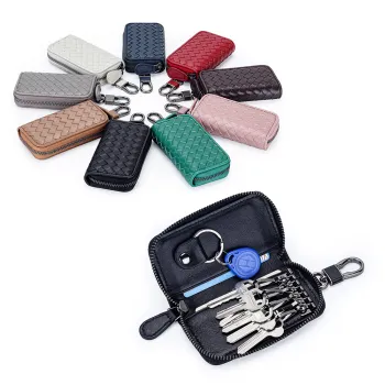 Genuine Leather Sheepskin Keybag - Men's Weave Zipper Waist Keycase for Cards and Car Keys