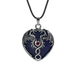 Lapis Lazuli Heart Antique Silver Double Dragon Stone Pendant (32x42mm) Necklace 45cm Black Cord