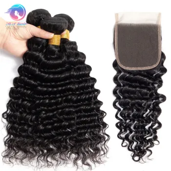 Deep Wavy Human Hair Bundle Deals: Brazilian Hair with Lace Closure