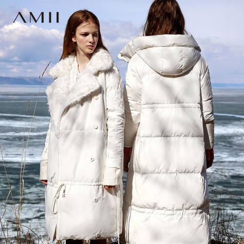 Amii Minimalist White Duck Down Jacket Winter Women Lapel Solid Female Thick Down Long Coat 11980077