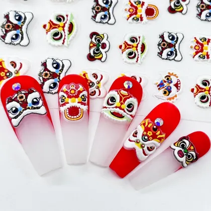 Custom OEM Chinoiserie Nail Stickers with Chinese Lion Dance Design