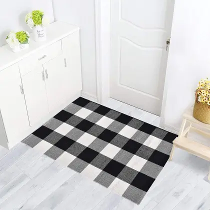 Black White Blue Grey Red Buffalo Plaid Cotton Rug
