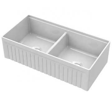 Modern White Rectangular Fireclay Double Kitchen Sink - No Faucet